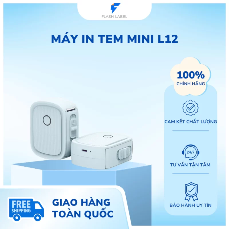 Máy In Nhiệt Mini Bluetooth Flash Label L12, In Tem, Mã Vạch, Giá Bán, Ghi Chú, Logo, Sticker Tự Thiết Kế